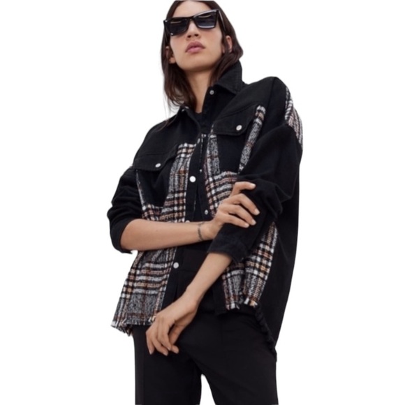 Zara Jackets & Blazers - Zara Distressed Contrast Black Denim & Plaid Tweed Wool Shirt Jacket Oversized M
